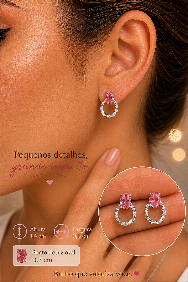 Brinco com Zircônia Rosa Oval e Aro Cravejado em Prata 925