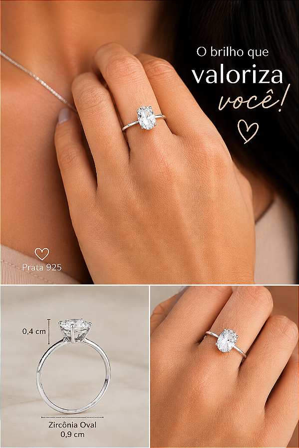 Anel Solitário Oval com Zircônia Incolor em Prata 925