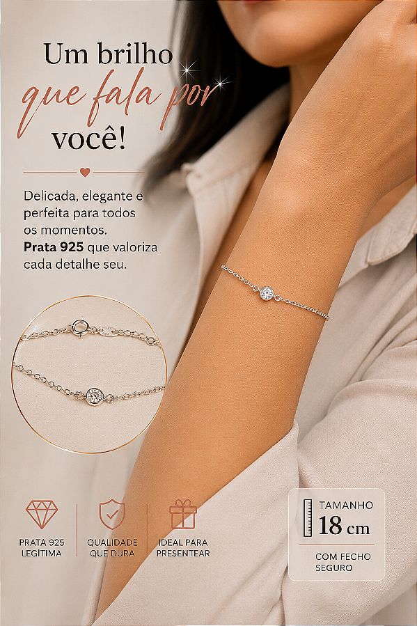 pulseira ponto de luz, pulseira com zircônia e Prata 925