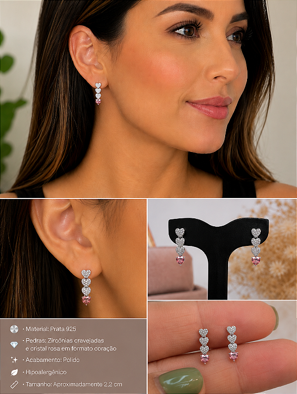Brinco Pendente de Corações Cravejados com Cristal Rosa em Prata 925