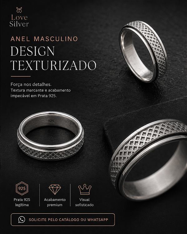 Anel Masculino Texturizado com Detalhes Geométricos em Prata 925