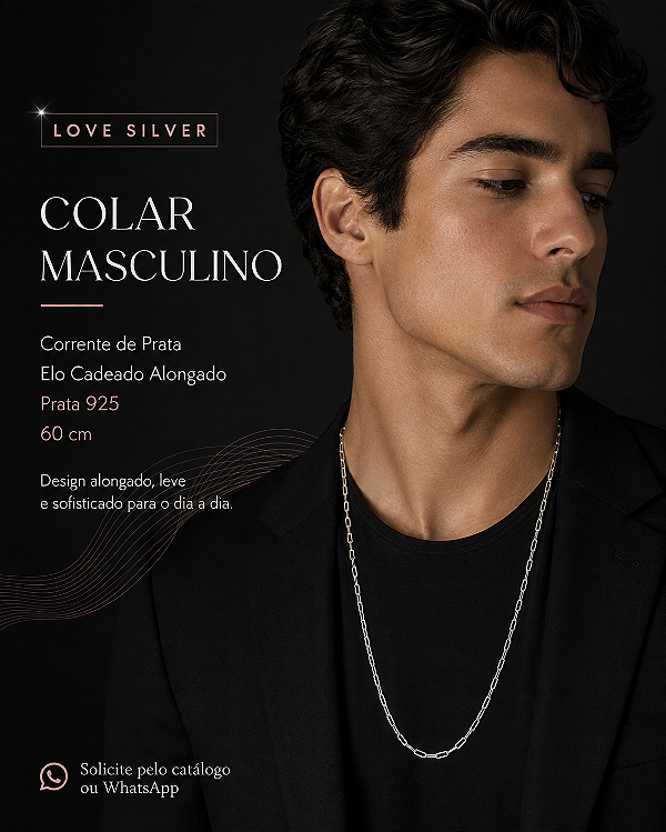 Corrente Masculina Elo Cadeado Alongado em Prata 925