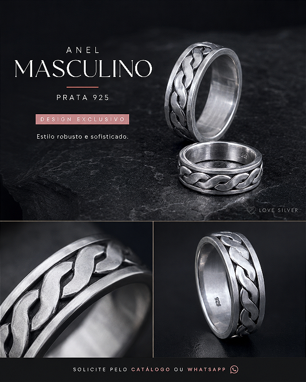 Anel Masculino Giratório com Corrente em Prata 925