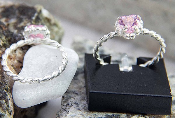 Anel de Prata 925 com Pedra de Zircônia Coração Rosa