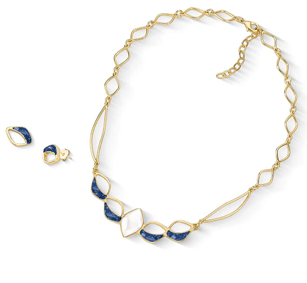 Conjunto Colar e Brincos Banhados a Ouro 18K com Porcelana Perolada e Cianita Azul