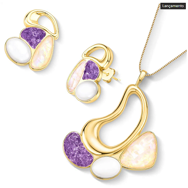 Conjunto Colar e Brincos Banhados a Ouro 18K com Pedras Naturais Opalina do Mar Nautilus Porcelana Perolada e Ametista