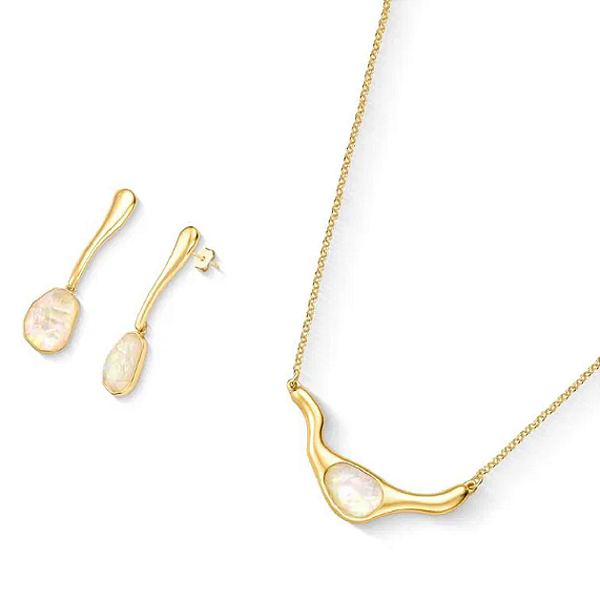 Conjunto Colar e Brincos Banhados a Ouro 18K com Pedras Naturais de Opalina do Mar - Nautilus