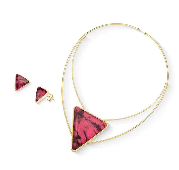 Conjunto Chocker e Brincos Banhados a Ouro 18K com Pedras Naturais de Rodonita