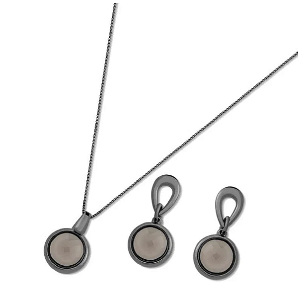 Conjunto Colar e Brincos Banhados em Ródio Negro com Pedra Sodalita Natural