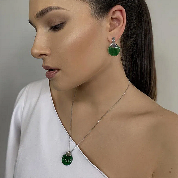 Conjunto Colar e Brincos Banhados em Ródio com Pedra Ágata Verde Natural