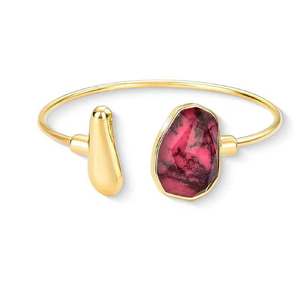 Pulseira Regulável Banhada a Ouro 18K com Pedra Natural Rodonita