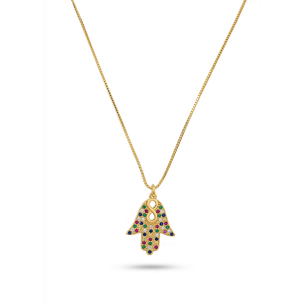 Conjunto Mão de Fátima Corrente Veneziana Pingente Banho a Ouro 18K