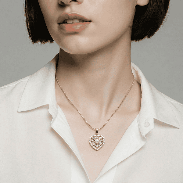 Conjunto Corrente Pingente Coração Luxo com Zircônia Banho a Ouro 18K