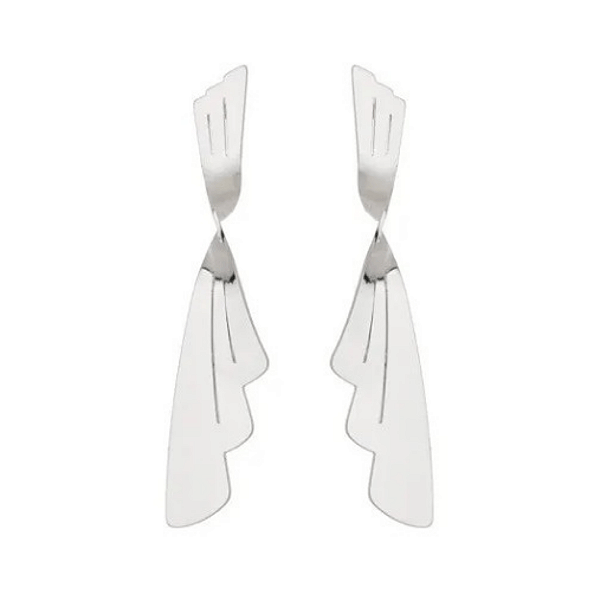 Brinco Leque Torcido Vertical 5cm de comprimento Banhado a Prata