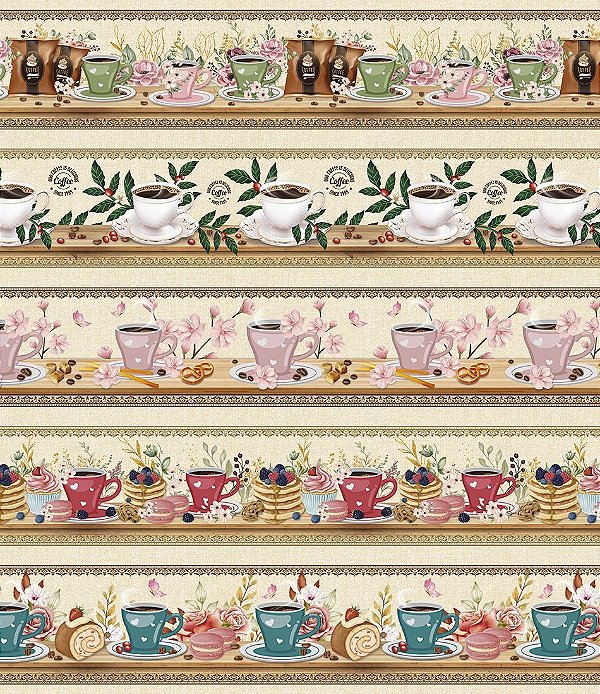 Tricoline Digital Barrado Cantinho do Café 55cm x 1,50mt