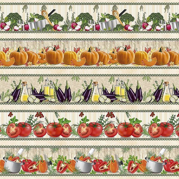 Tricoline Digital Barrado Legumes na Cozinha 55cm x 1,50mt