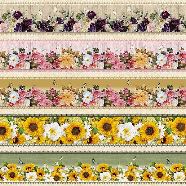 Tricoline Digital Barrado Flores e Borboletas 55cm x 1,50mt