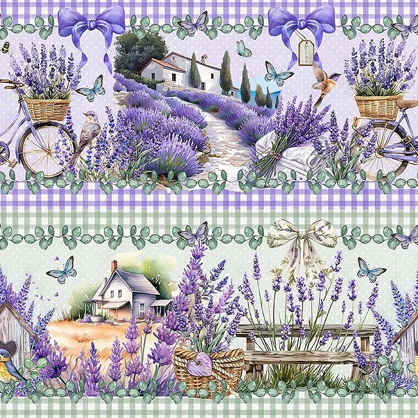 Tricoline Digital Barrado Jardim de Lavanda 55cm x 1,50mt