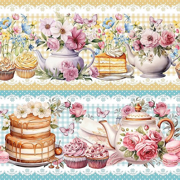 Tricoline Digital Barrado Chá da Tarde Florido 55cm x 1,50mt