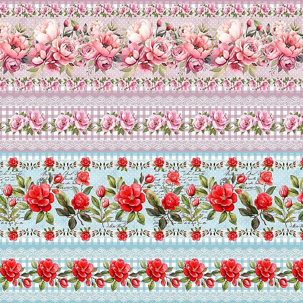 Tricoline Digital Barrado Floral Pétalas de Amor 55cm x 1,50mt