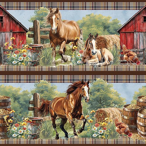 Tricoline Digital Barrado Cavalos na Fazenda 55cm x 1,50mt