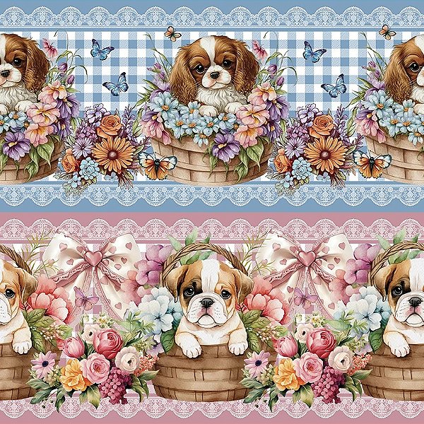 Tricoline Digital Barrado Cachorrinhos Encantados 55cm x 1,50mt