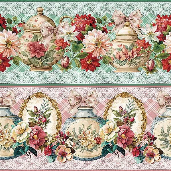 Tricoline Digital Barrado Potes Florais 55cm x 1,50mt
