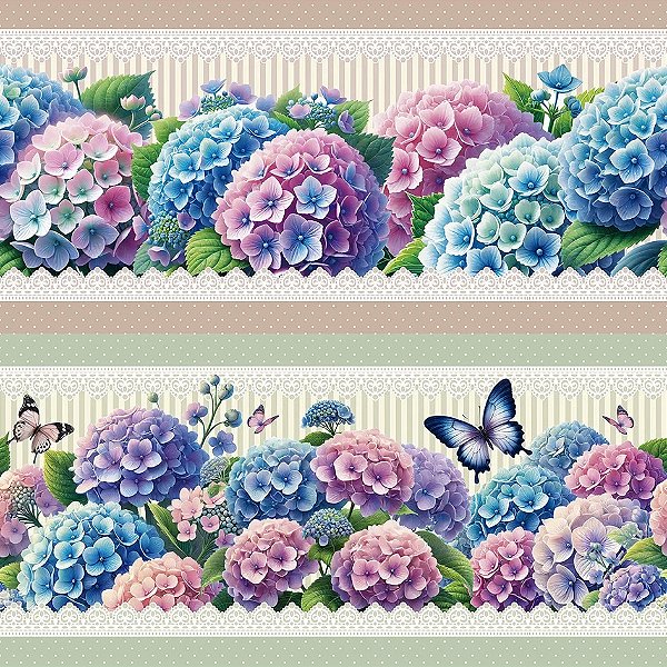 Tricoline Digital Barrado Hortênsias 55cm x 1,50mt