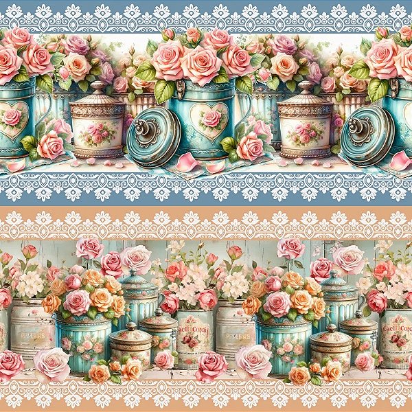 Tricoline Digital Barrado Rosas Vintage 55cm x 1,50mt