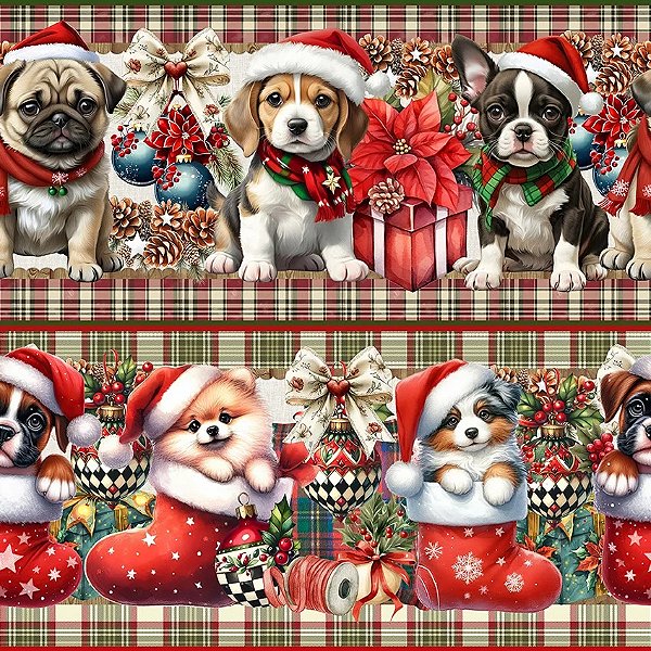 Tricoline Digital Barrado Natal Cachorrinhos 55cm x 1,50mt