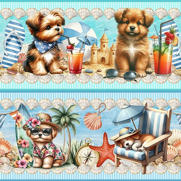 Tricoline Digital Barrado Cachorrinhos na Praia 55cm x 1,50mt