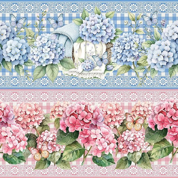 Tricoline Digital Barrado Hortênsias Delicadas 55cm x 1,50mt