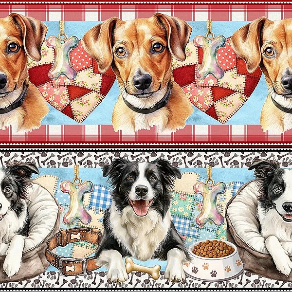 Tricoline Digital Barrado Cachorrinhos Estilosos 55cm x 1,50mt