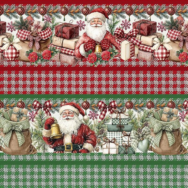 Tricoline Digital Barrado Papai Noel 55cm x 1,50mt