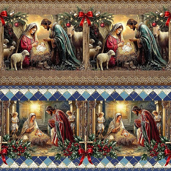 Tricoline Digital Barrado Nascimento de Jesus 55cm x 1,50mt