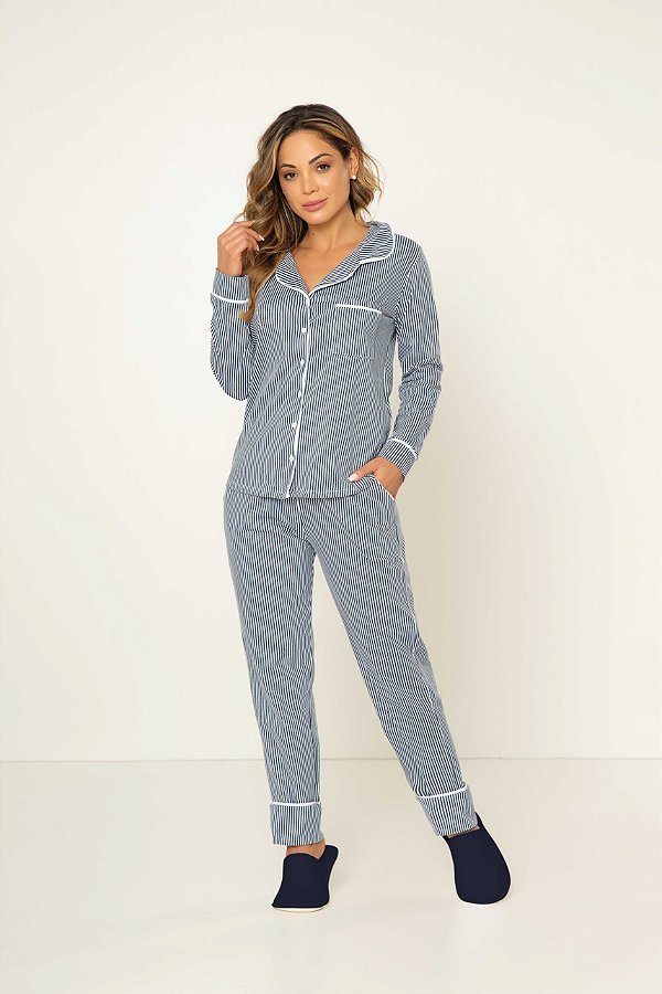 Pijama Camisaria Manga Longa com Abertura Frontal Marinho e Branco Listrado