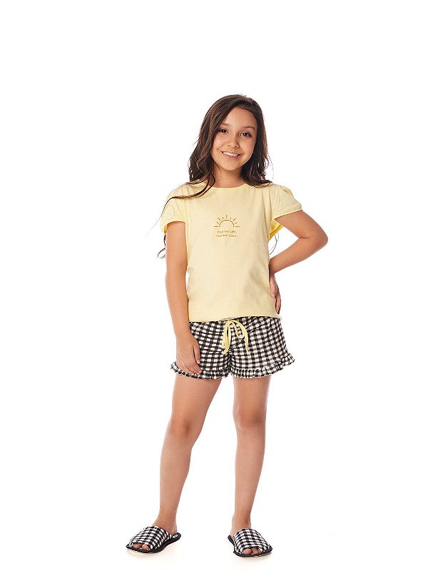 Shortdoll Infantil e Teen Manga Curta Vichy Preto e Branco com Camiseta Amarelinha 100% algodão