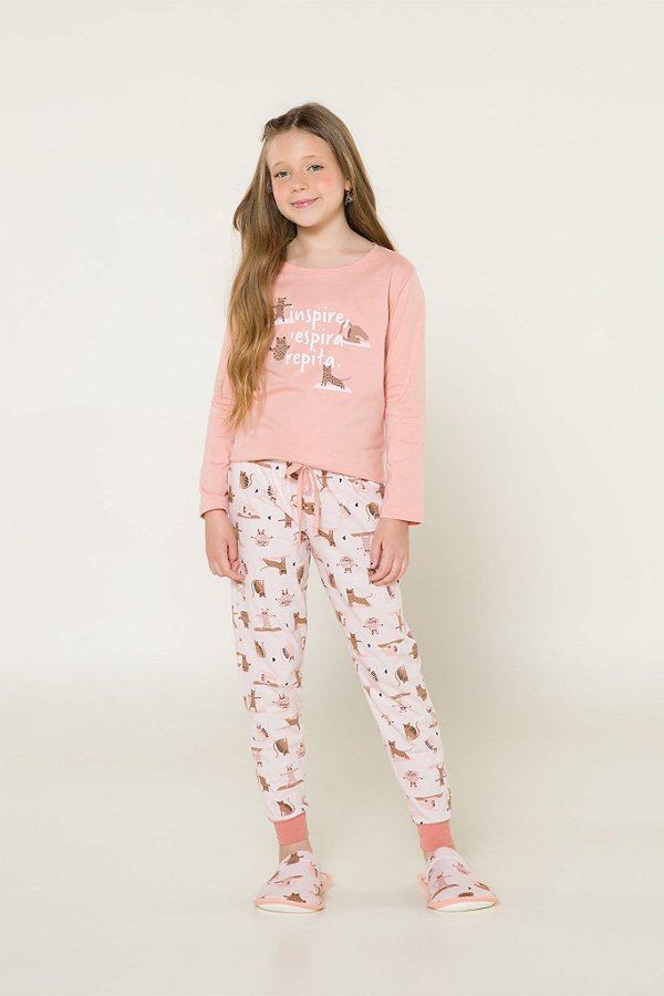 Pijama Menina e Teen Manga Longa Rosa Gatinho Yoga