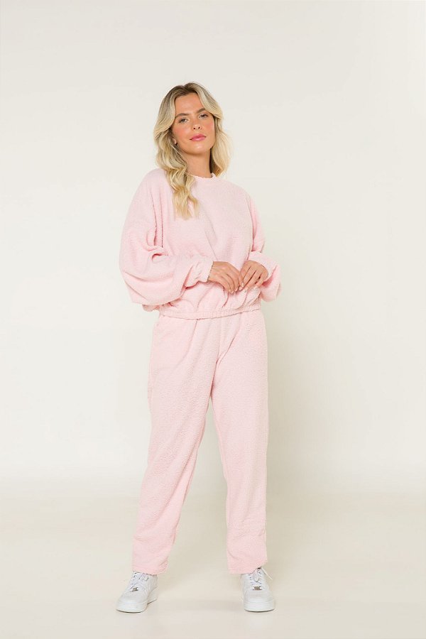 Pijama Feminino Adulto Manga Longa Teddy Rosa