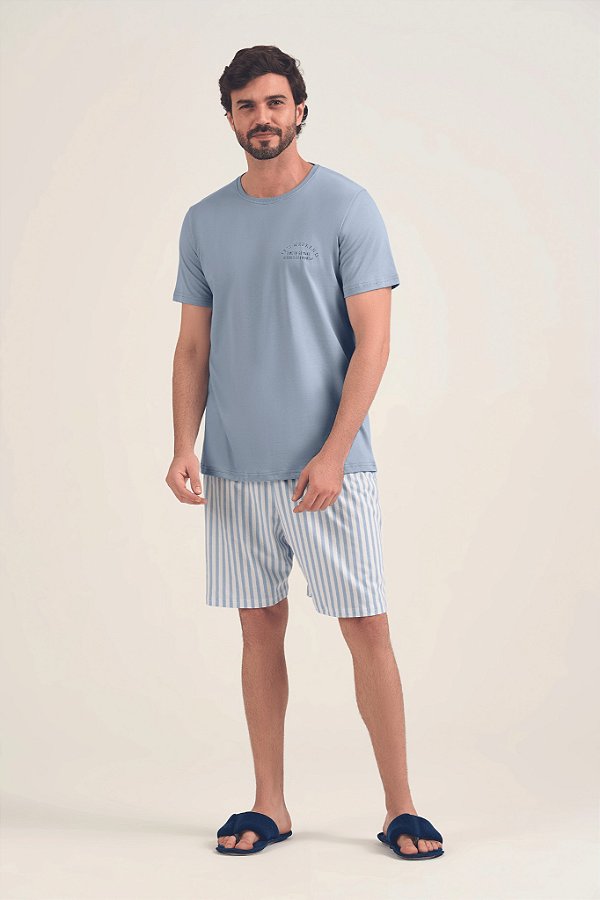 Pijama Masculino Adulto e Teen Curto Azul Listrado Weekend