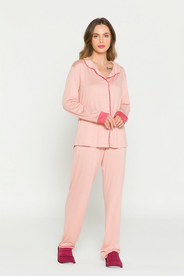 Pijama Camisaria Manga Longa com Abertura Frontal Rose em Viscolycra