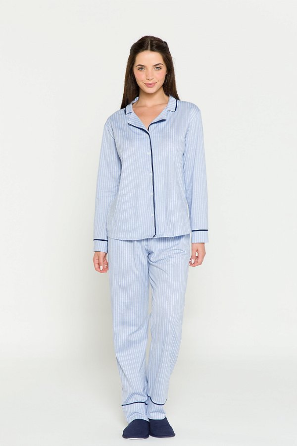 Pijama Camisaria Manga Longa Listrado Azul e Branco