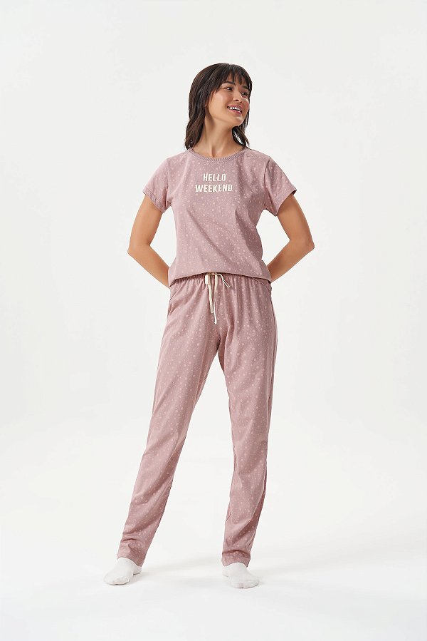 Pijama Feminino Adulto e Teen Manga Curta com Calça Lilás com poás rosa