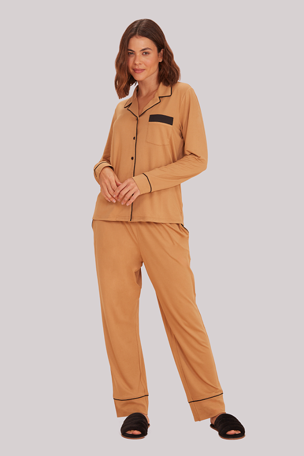 Pijama Camisaria Manga Longa Camel com Preto Anna Kock Sleepwear