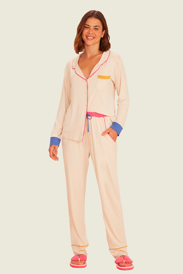 Pijama Camisaria Manga Longa Tricolor Anna Kock Sleepwear
