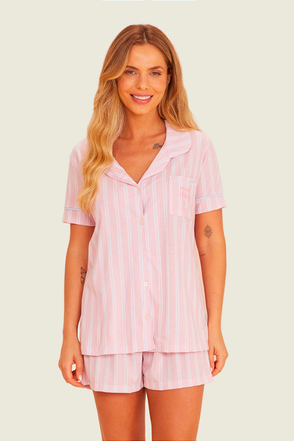 Pijama Camisaria Manga Curta LISTRA ROSA Anna Kock Sleepwear