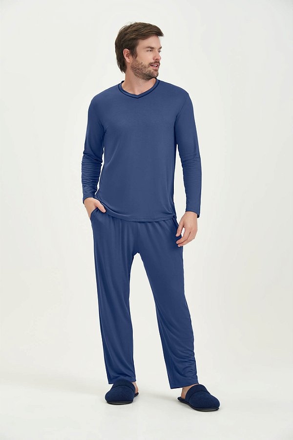 Pijama Masculino Adulto Manga Longa Azul Viscolycra  Gola V Cor Com Amor
