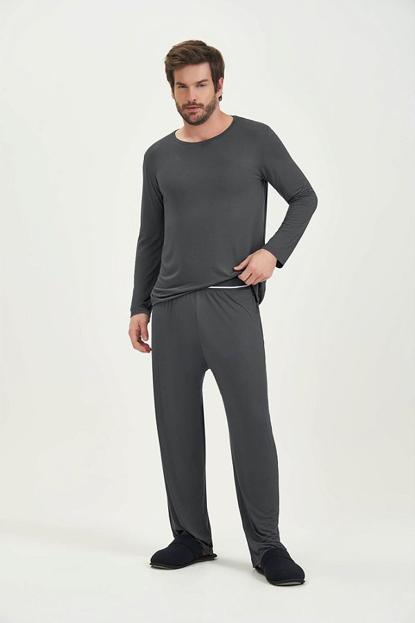 Pijama Masculino Adulto Manga Longa Cinza Chumbo Viscolycra Cor Com Amor