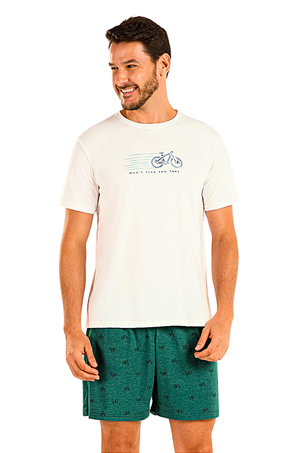 Pijama Masculino Adulto Manga Curta Bike Verde Cor Com Amor