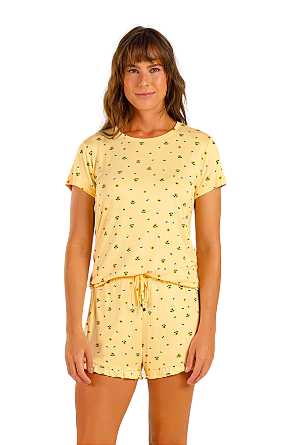 Shortdoll Adulto Manga Curta Amarelo Girassol Viscolycra Cor Com Amor